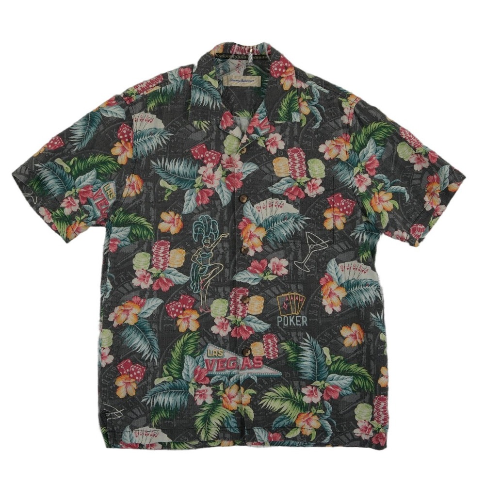 Vintage Tommy Bahama 100% Silk Las Vegas‎ Shirt Men's Size Small Grey Hawaiian